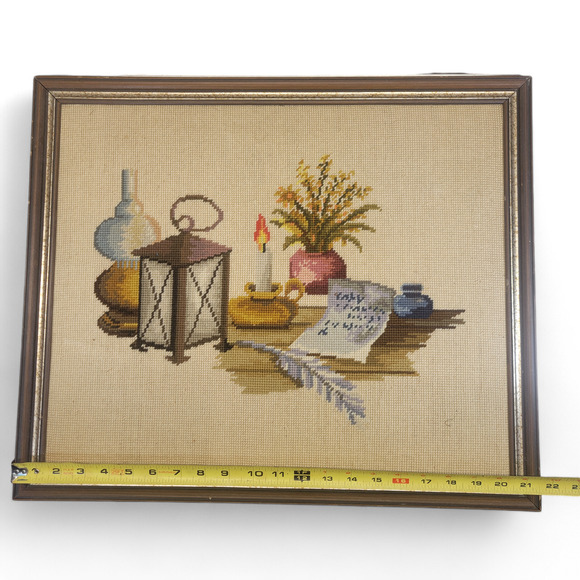 Rare Vintage Crewel Table Scape Art Handmade Embroidery Needlework Fine Detail - Picture 3 of 9